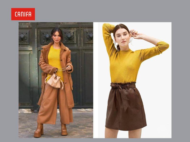 Kết hợp quần nâu cùng áo màu vàng mù tạt tạo nên phong cách ấm áp và cá tính, phù hợp cho mùa thu đông